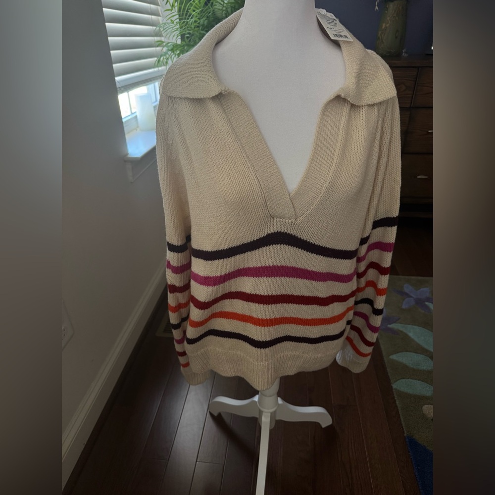 Marine Layer Cream V‑Neck Sweater with Pink, Orange & Brown Stripes